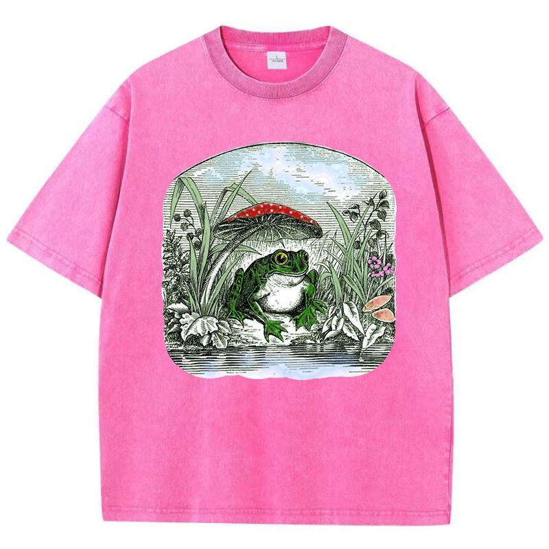 Vintage Aesthetic Frog Mushroom Prints Washed Women T-Shirt Loose T Shirt Crewneck Summer Short Sleeve Cotton Clothes