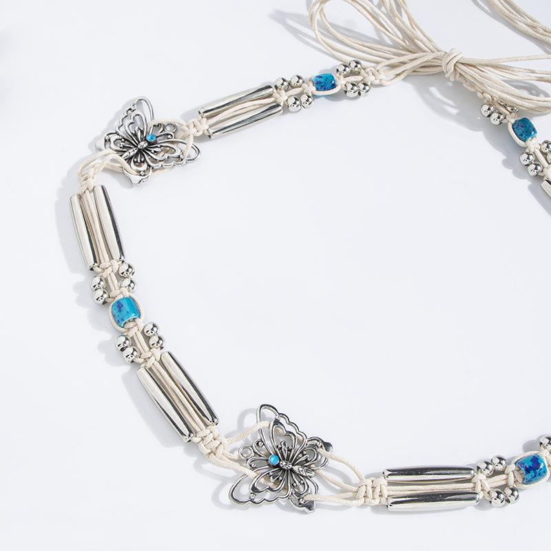 New Boho Style Butterfly Silver Beads Weaving Knotted Ethnic Style Handmade Women's Belt Casual Vacation Style Waist Rope
