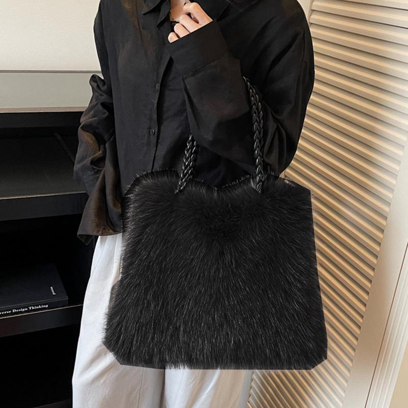 Women Fashion Plush Shoulder Bag Solid Color Woven Strap Large Capacity Soft Material Lightweight Daily Commute Handbag KTB