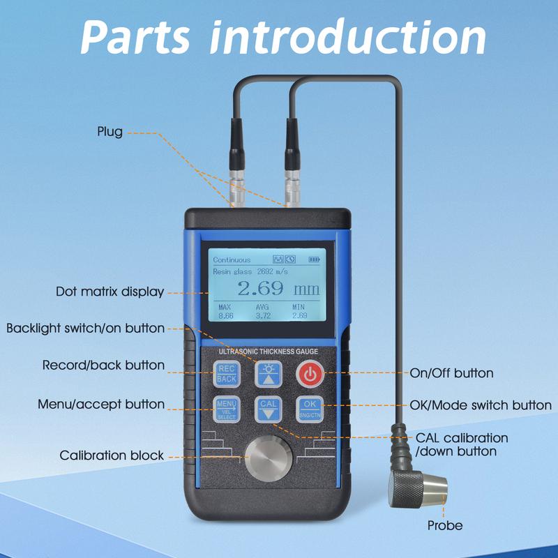 Ultrasonic Thickness Gauge 0.8-500mm 0.01mm Resolution Handheld for Metal/Steel with Sound Velocity Measurement Data Storage