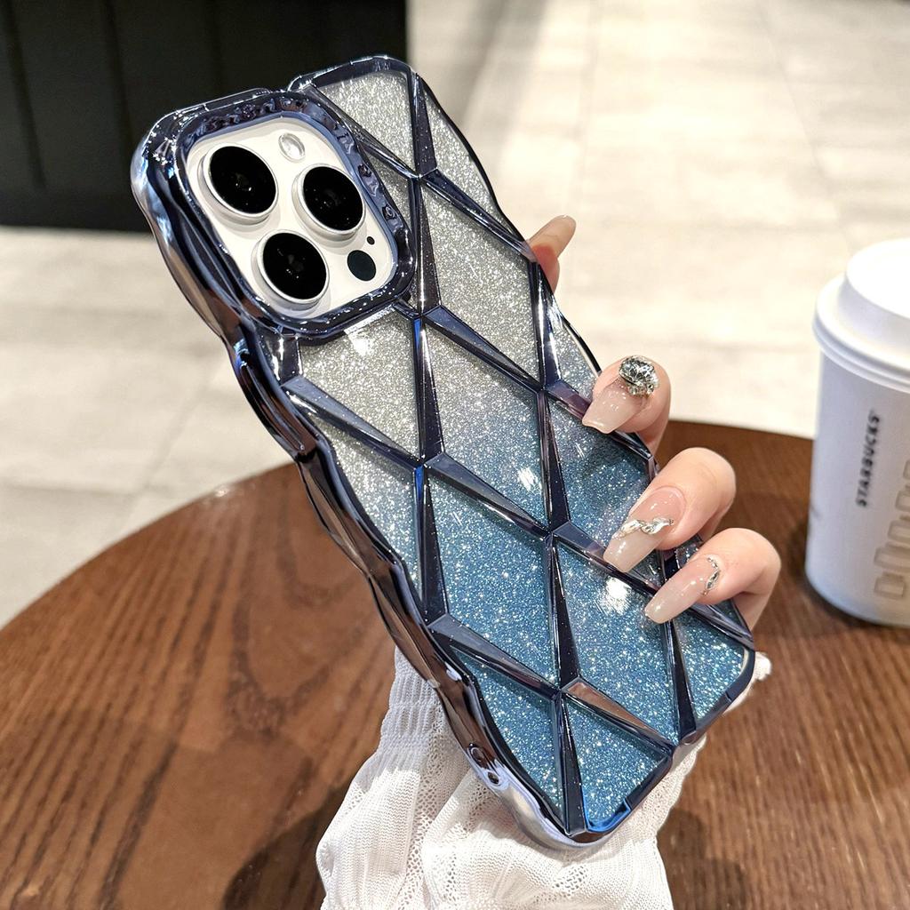 Luxury 3D Plating Diamond Grid Pattern Glitter Powder Phone Case for iPhone 11 12 13 14 15 Pro Max 12 Pro 13 Pro 14 Pro Max Anti-drop Soft TPU Cover