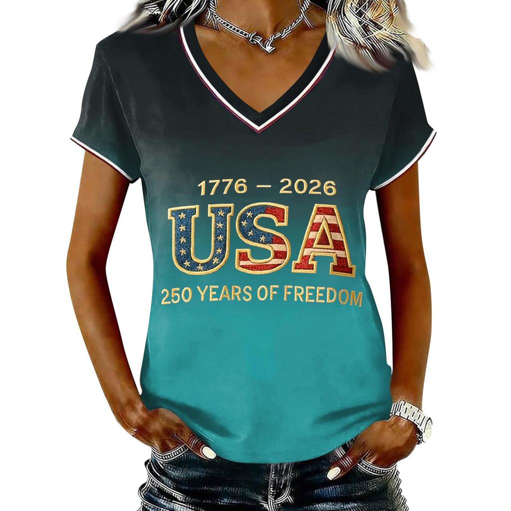 Women Casual V Neck Short Sleeve Pullover T Shirt Gradient Print USA Independence Day Graphic Top
