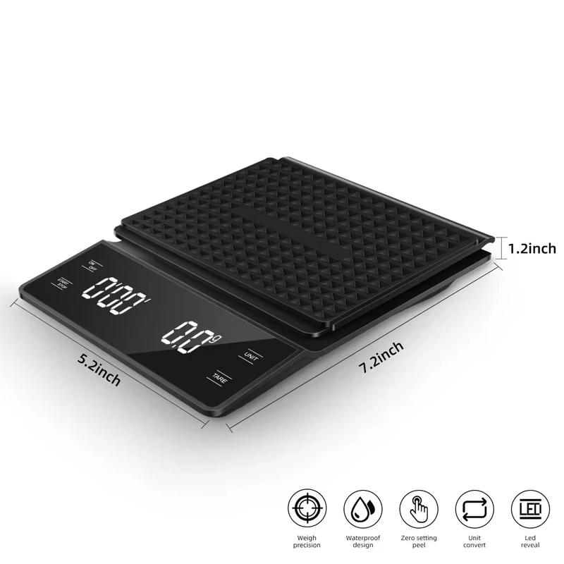 Chytrá elektronická váha na kávu, digitální váha s LCD displejem a časovačem, vysoká přesnost, 3 kg / 0,1 g, kávový vážící přístroj pro kuchyň