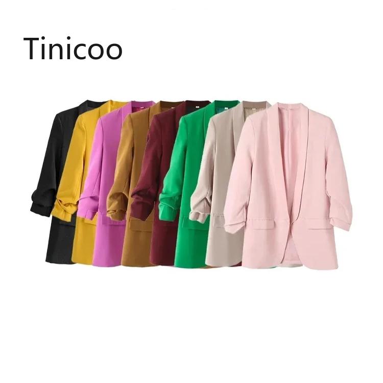 

Женская модная офисная одежда, открытый блейзер, винтажное пальто с длинными плиссированными рукавами и карманами с клапанами, женская верхняя одежда, шикарные топы