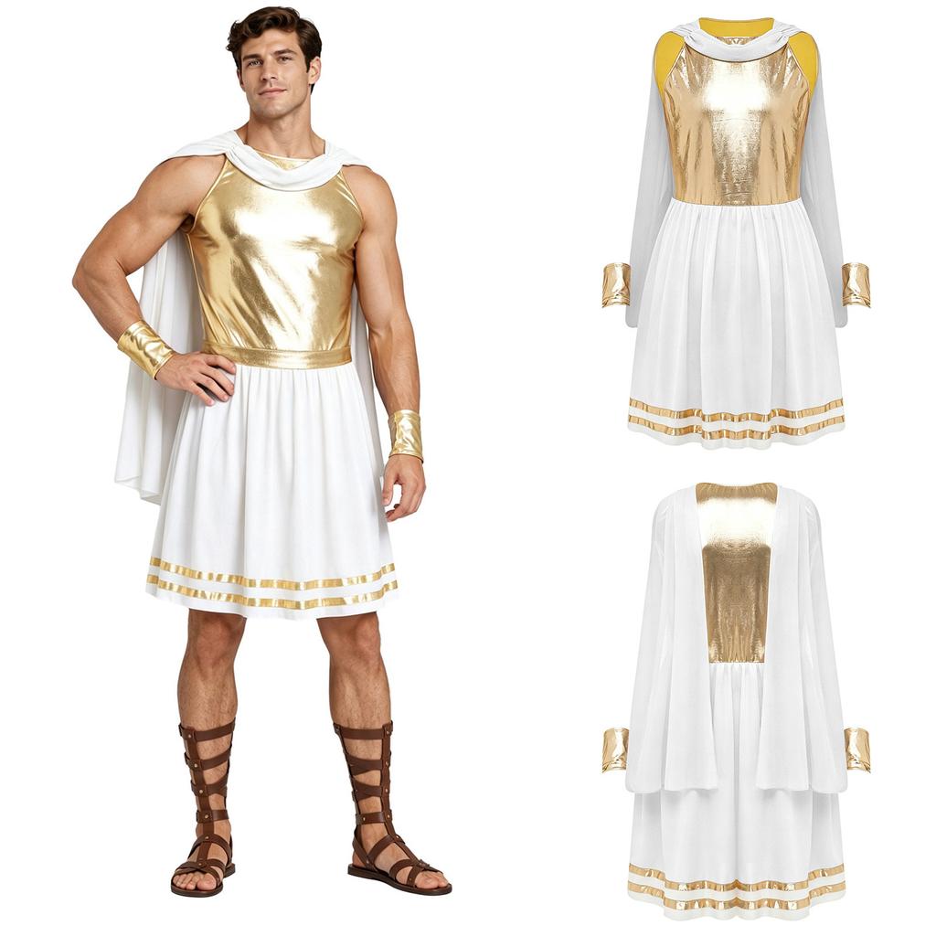 Robe Toge Dieu Grec pour Homme avec Bracelets Sans Manches Mousseline Plissée Corsage Métallique Brillant pour Fête Cosplay Halloween