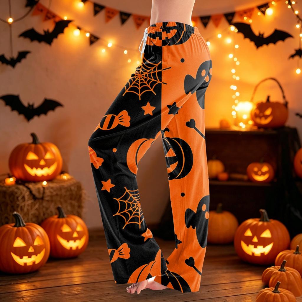 Women Drawstring Halloween Print Long Pants Casual Loose Fit Pajama Bottoms with Elastic Waistband for Home Lounge Sleepwear