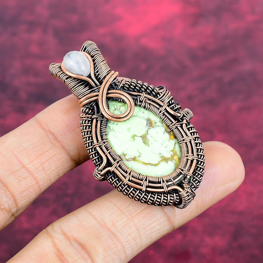 Lemon Chrysoprase Gemstone Pendant Copper Wire Wrapped Jewelry Moonstone Pendant