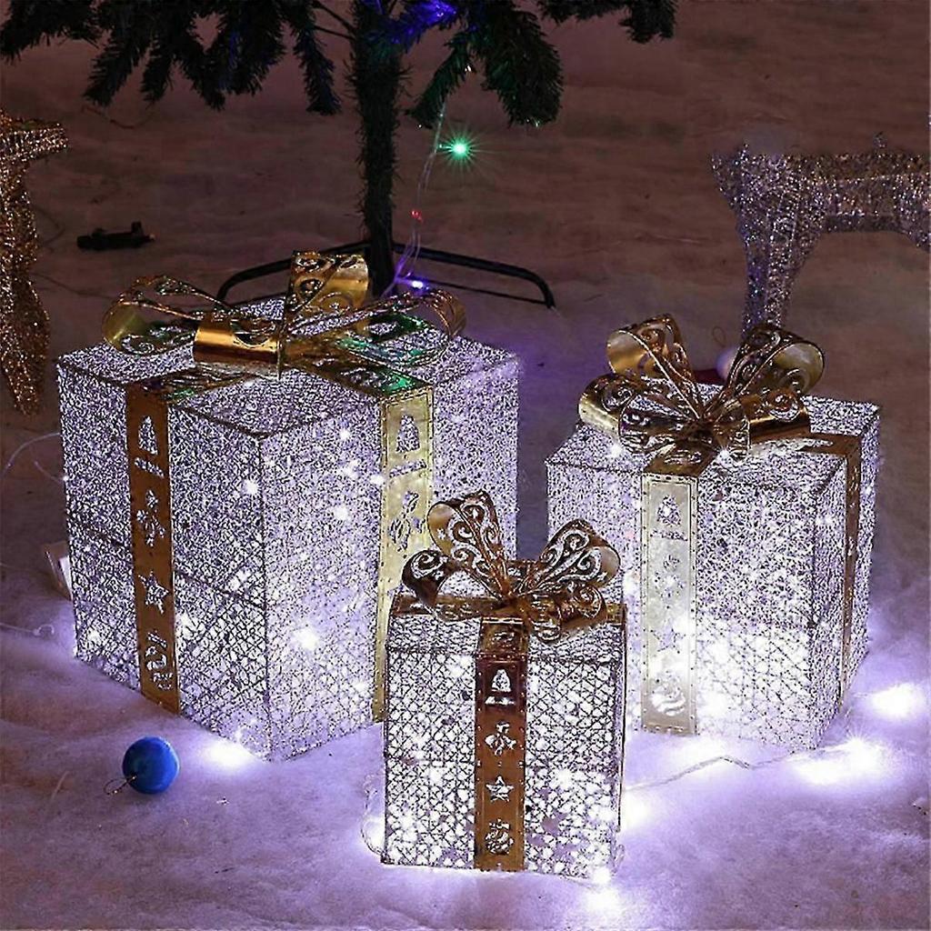 Christmas Decoration Gift Box Three-Piece Set Pile Ornaments Iron Gift Box Luminous Christma Suppli