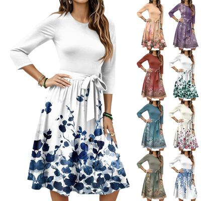 Women's Fashion Casual Waistband Seven Sleeve Round Neck Floral Flowy Dresses
