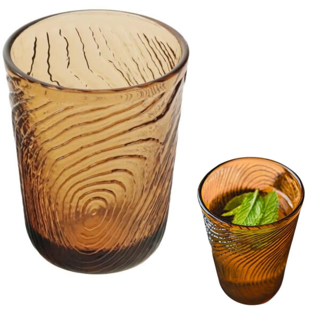 GLASS FOR WATER, GRINKS, JUICE 250ml, WOOD SLICE PATTERN, ARBRE BROWN