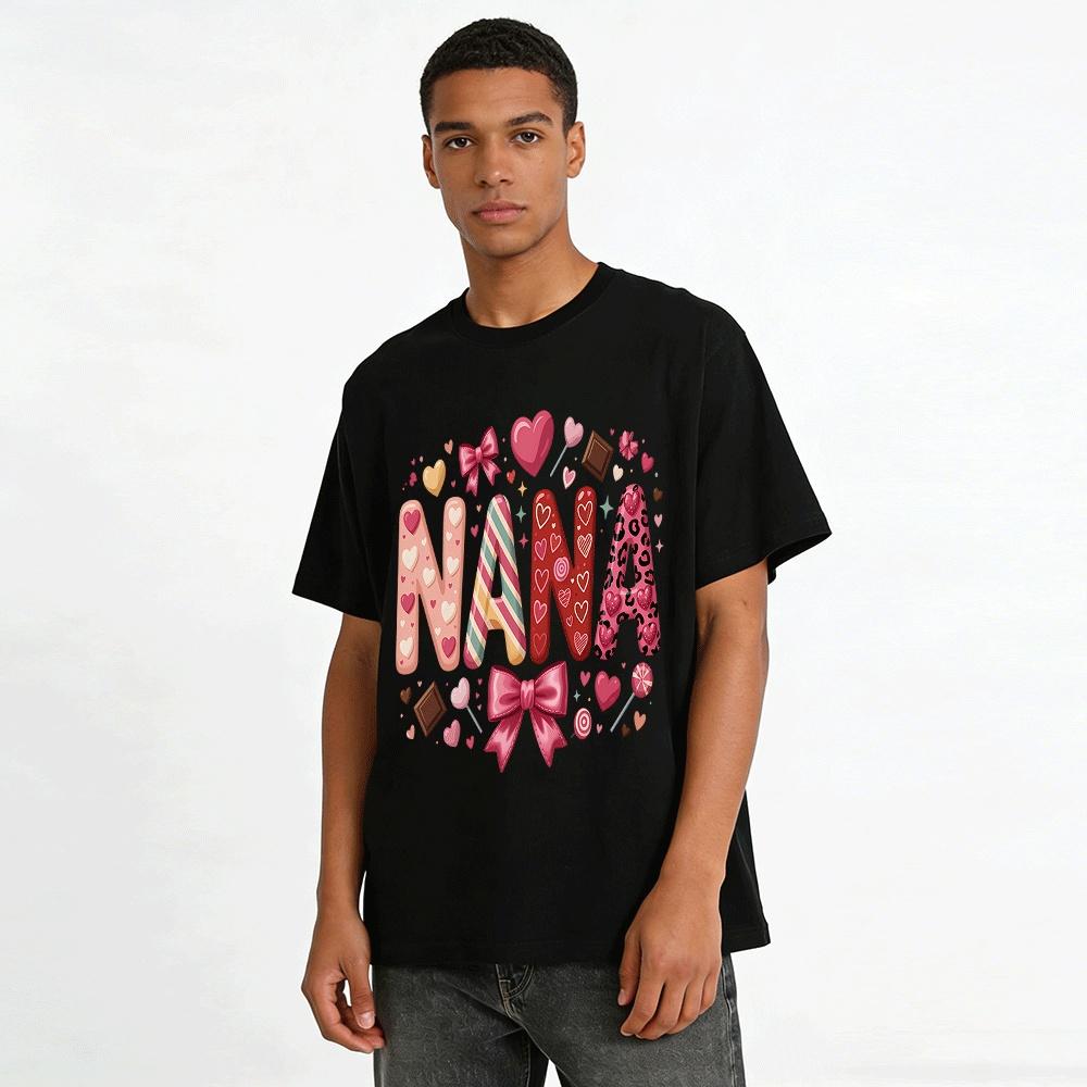Valentine's Day Nana Heart Bow Print Casual Top Pure Cotton T-shirt