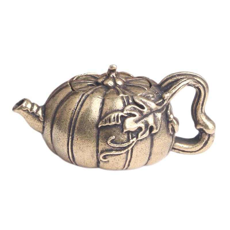 Antique Brass Pumpkin Teapot Desktop Ornament Creative Vintage Collectible Tea Pet Handheld Piece Old Copperware Wholesale