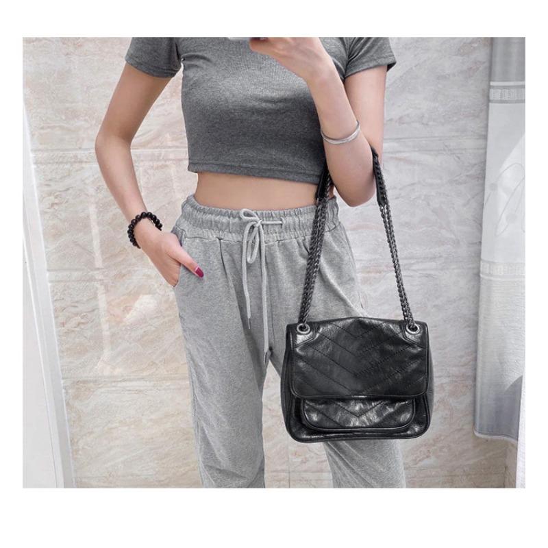 New oil wax cowhide messenger bag retro double chain women's bag poplar forest shoulder crossbody small square bag