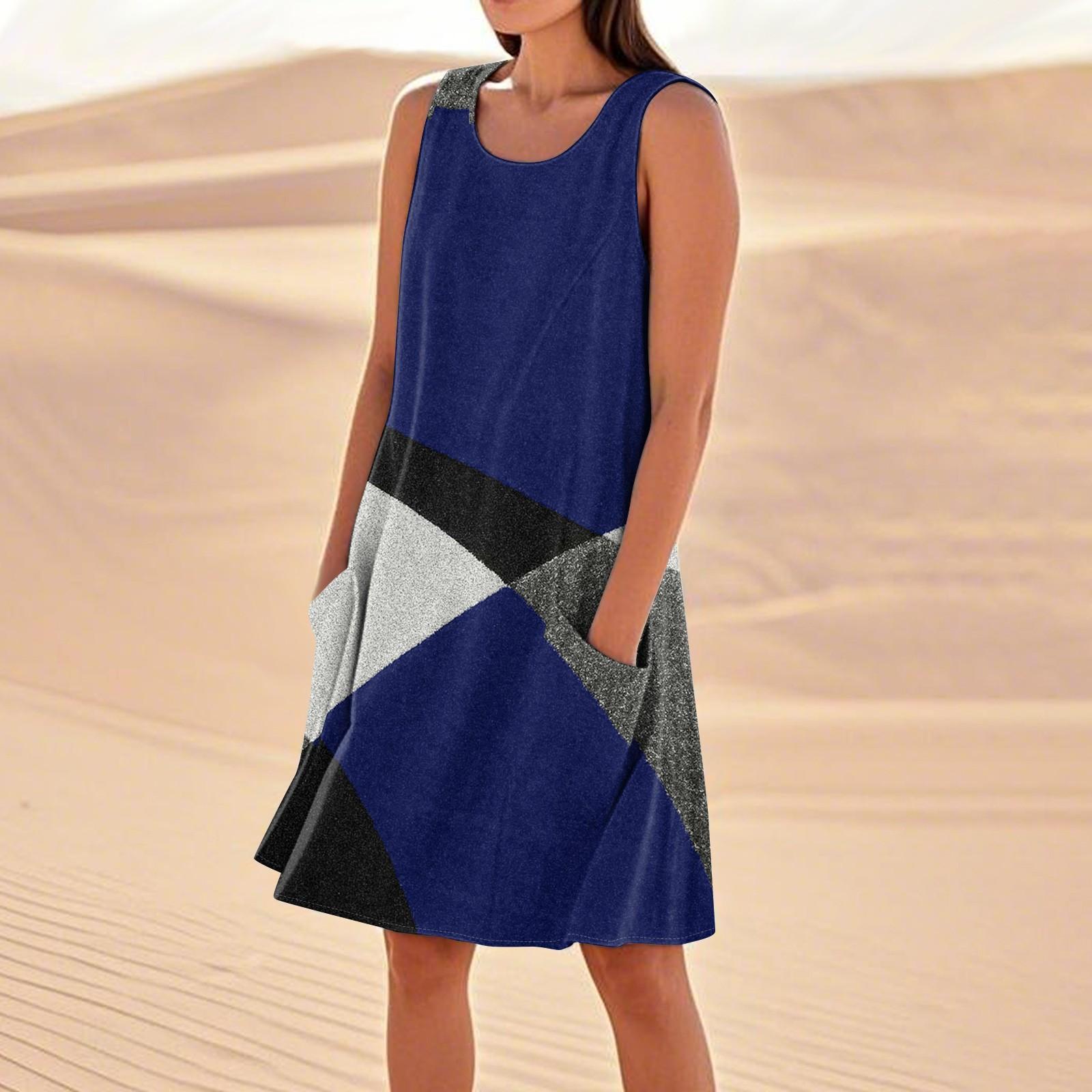 

Летние платья для женщин, свободные пляжные повседневные сарафаны без рукавов с карманами, платье-майка XL синий