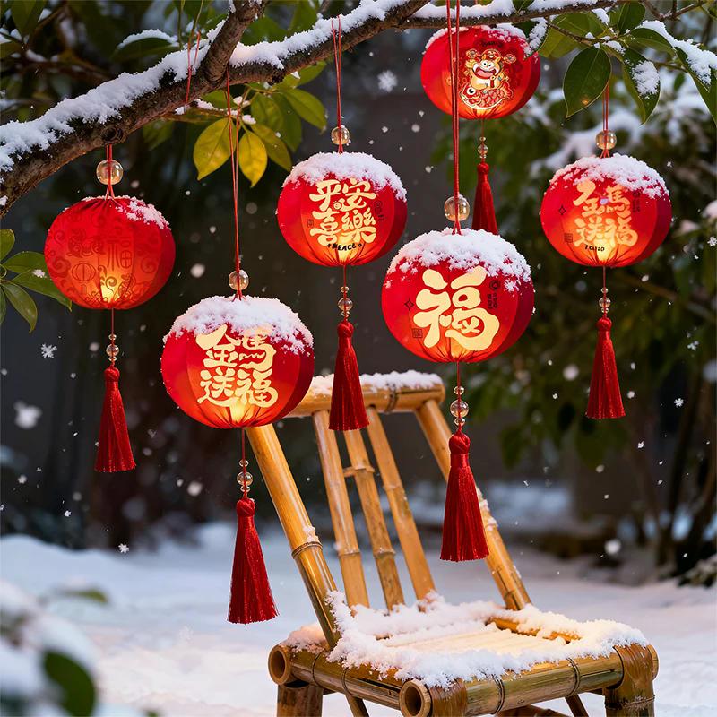 Horse Year Chinese Hanging Lanterns Glowing Handmade 2026 New Year Lanterns Cloth With Tassel Portable Lanterns Outdoor 1PC