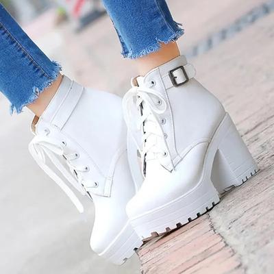 Platformhakken Dames Enkellaarsjes Zacht Leer Dikke Hoge Hak Gesp Platformlaarzen Winter Herfstlaarzen Warme Schoenen Groot