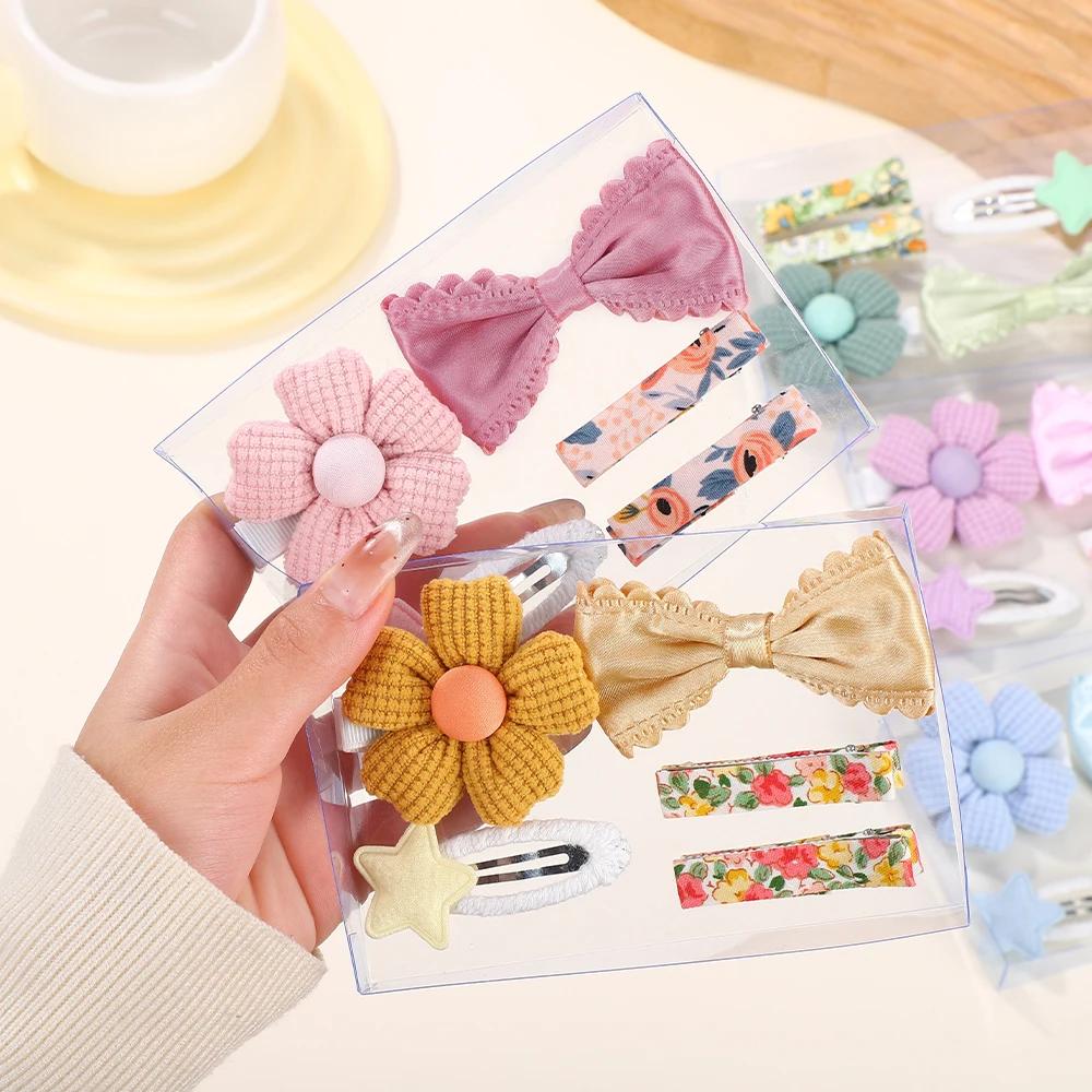5pcs Colorful Floral Bow Hairclips Sets for Children Girls Lovely Princess Hairpin Barrette Bang Side Clip Hair Accessories