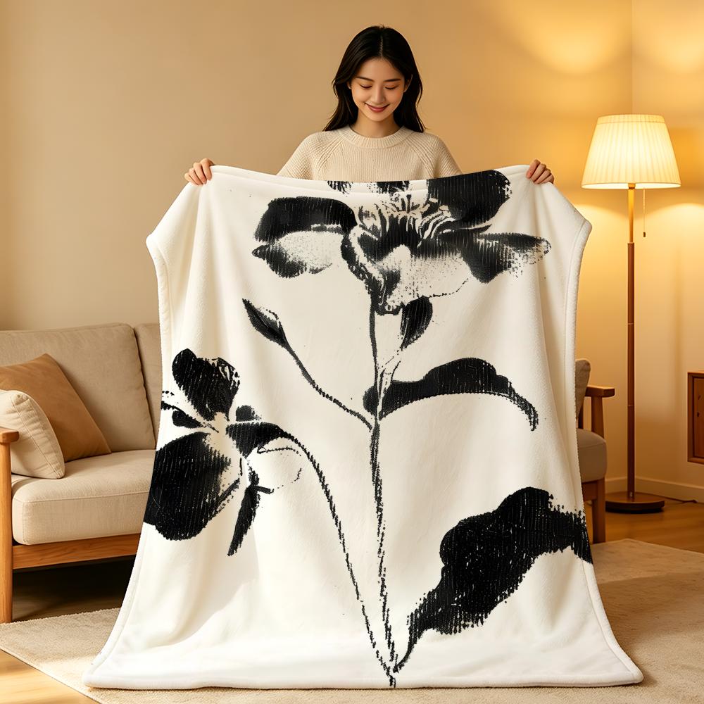 Art B-Black a-and W-White Floral Throw High-Density Short Plush Blanket Soft Skin-Friendly for Sofa Nap Air-Conditioned Room