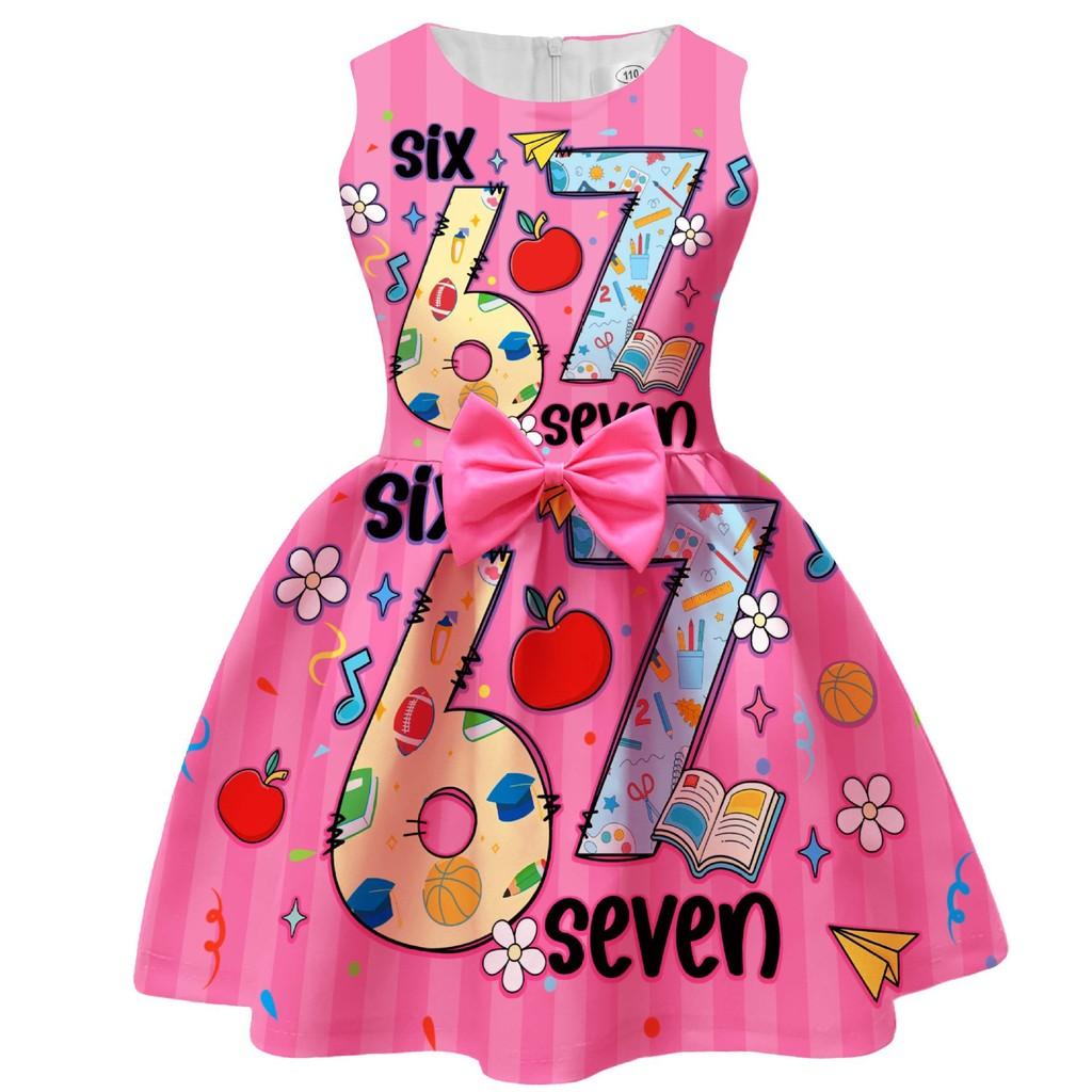 94238 Girls Steal A Brainrot 67 Printed Bow Party Sleeveless Princess Dress