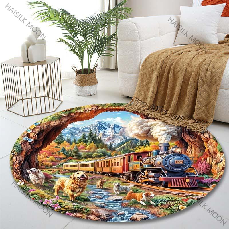 

Multiple sizes Train and dogs in nature Print Round Carpet Living Room Bedroom Table Chair Sofa Decorative Carpet Luxury gifts Diameter -60cm