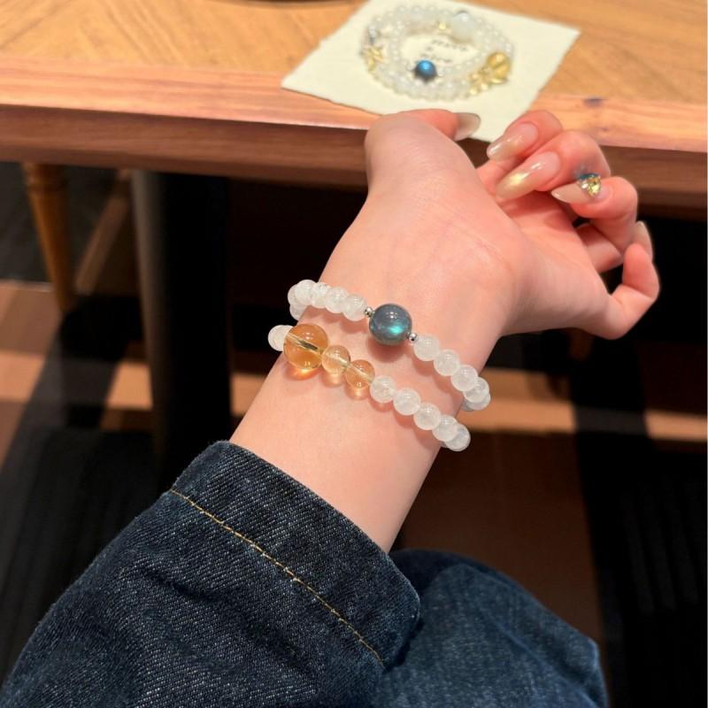 Handmade Natural Crystal Double Strand Bracelet With Snowflake Lemon Yellow Gray Moonlight Beads 6mm Modern Minimalist Unisex