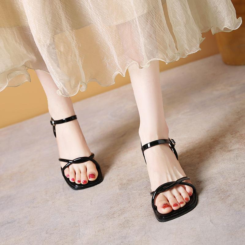 Square Head Thick Heel Sandals Women's Summer New Simple Skirt Cross Strap High Heels