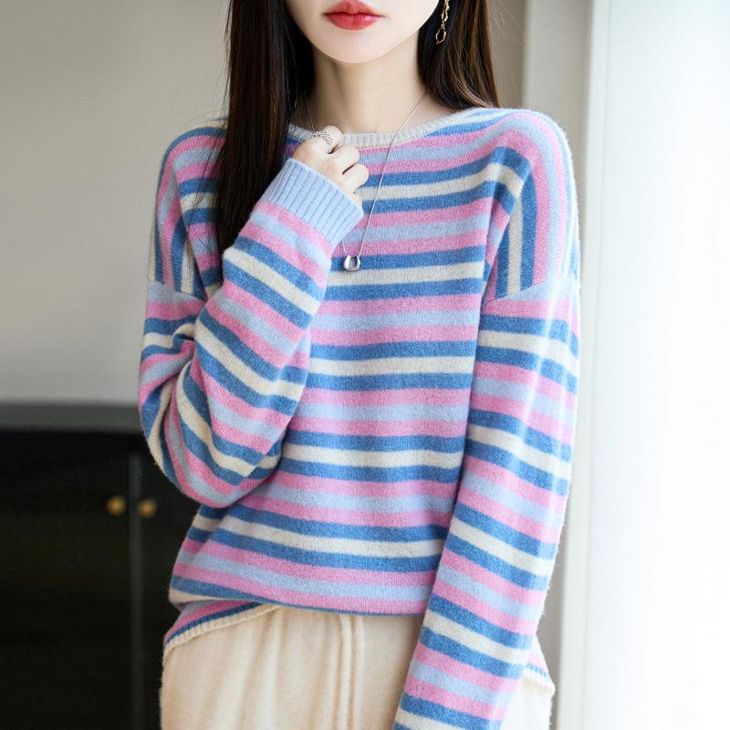 Women's Wool Striped Round Neck Pullover Sweater - Slimming, Long Sleeve Knit Top for Autumn/Winter