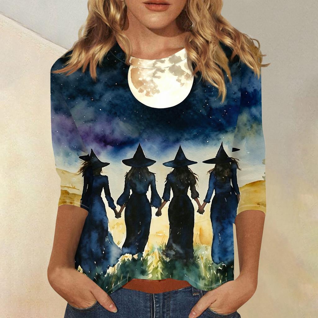 Women's Fashion Casual 3/4 Sleeve Halloween Print Neck Blouse