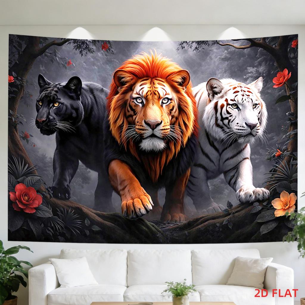 Majestic Lion Tiger Black Panther Jungle Flowers Tapestry Wall Hanging For Living Room Bedroom Decor Wild Animal Art Print Home