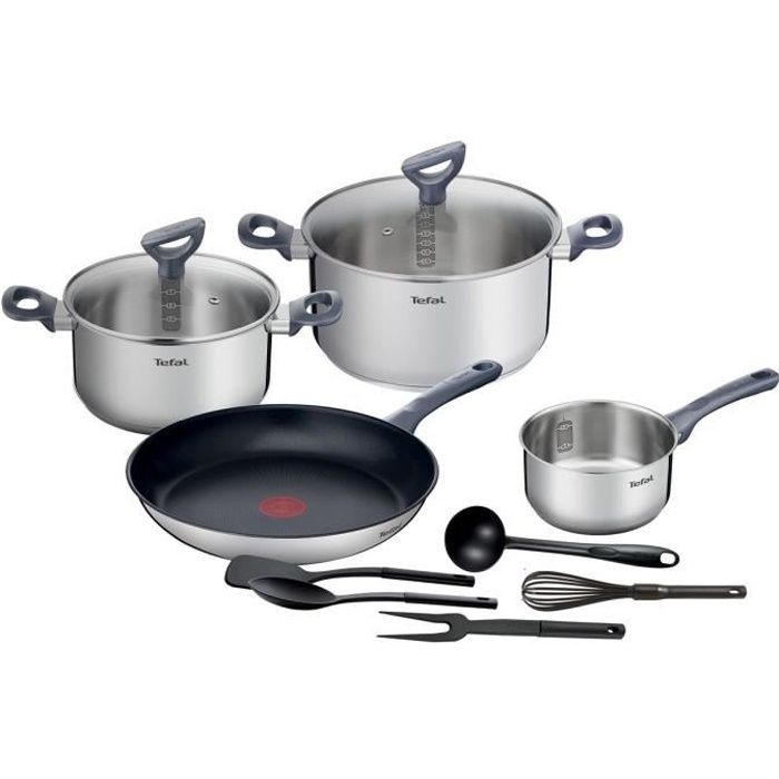 TEFAL G713SB45 Daily Cook Set 11 Pièces INOX : Casserole 16 Cm + Faitouts 20 Et 24 Cm Avec Couvercles + Poêle 28 Cm + 5 Ustensiles