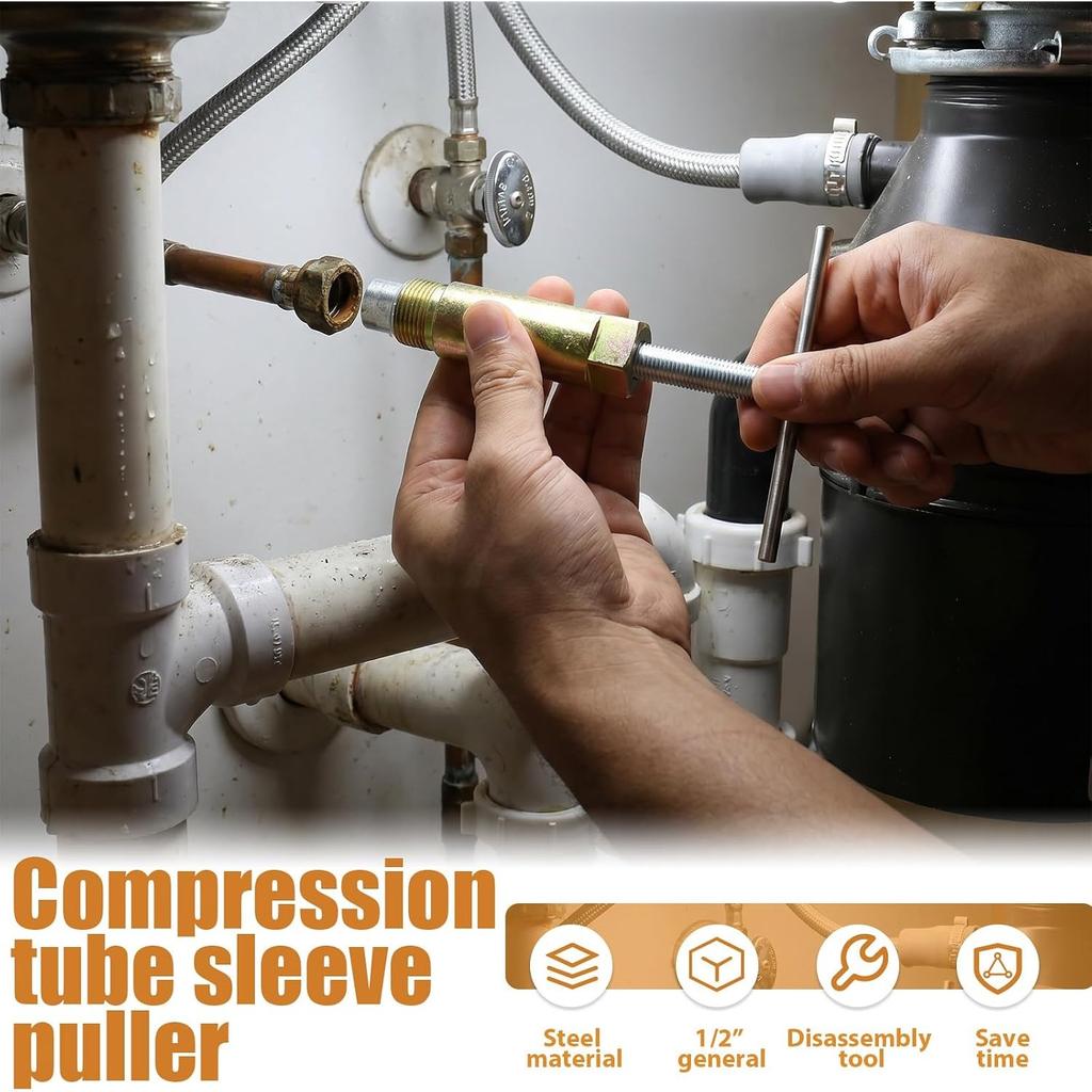 Compression Sleeve Puller Tool, Ferrule Remover for 1/2” Compression Fittings Only, Remove Nut & Ferrule of Pipe, Zinc-Plated Steel Plumbing Tools