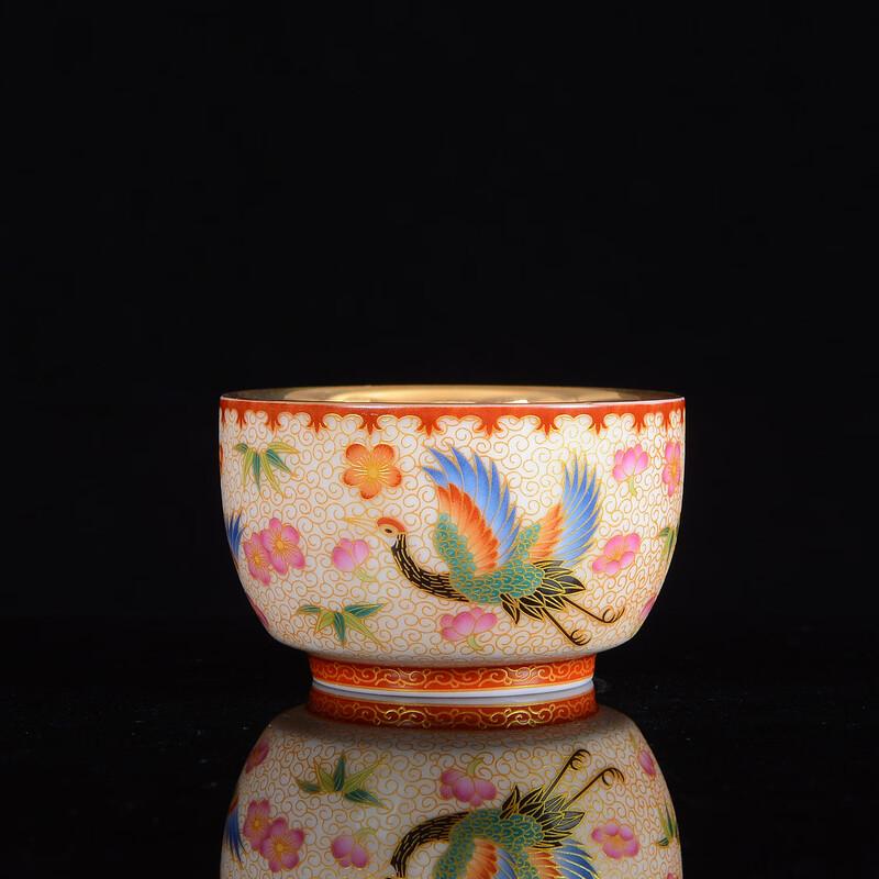 Gold-Plated Ceramic Kung Fu Teacup - Pine Crane Design