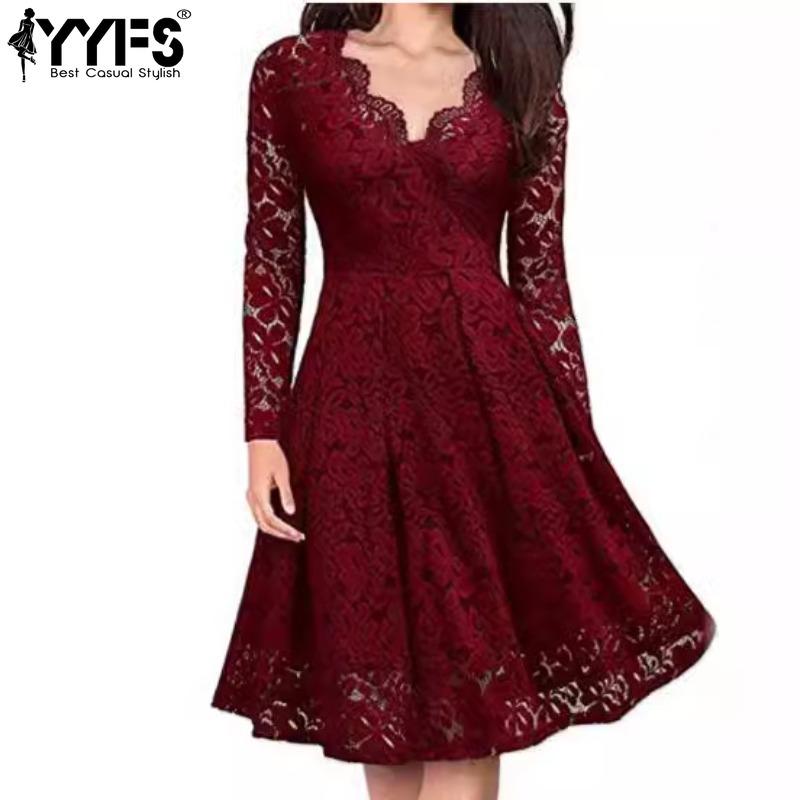 YYFS Women's Fashion Fall Winter Solid Color Lace Print Long Sleeve V-Neck Middle Waistline Casual Dresses