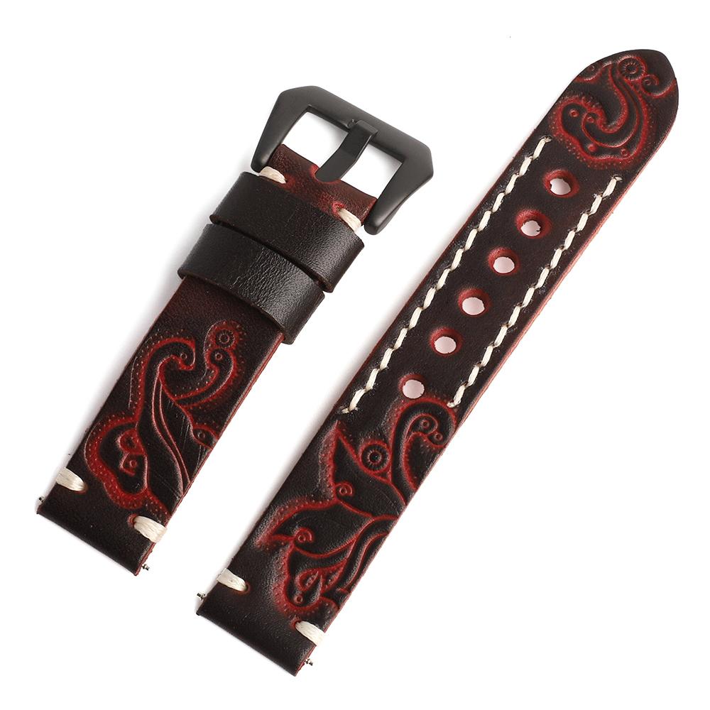 

Vintage Carved Embossed Genuine Leather Watch Strap 20mm 22mm 24mm Handmade Stitched Watch Band Black Buckle for Watch Accessory 24mm червоний