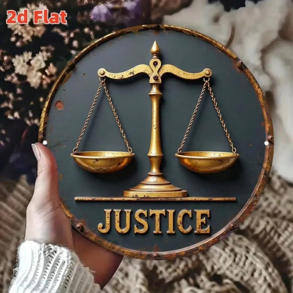 Vintage Justice Scales Metal Tin Sign Golden Sword 2D Flat Aluminum Wall Art Decor