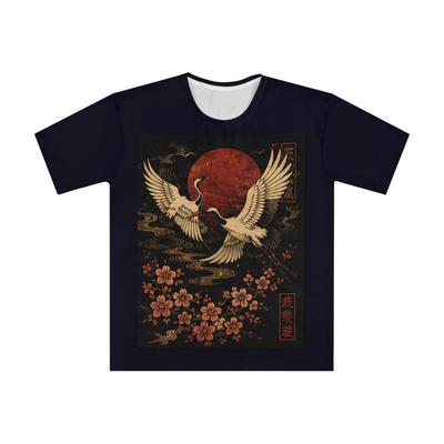 Vintage Japanese Red Crane T-Shirt | Ukiyo-e All Over Print Tee | Cherry Blossom Shirt | Japanese Art Apparel | Gift for Japan Lovers