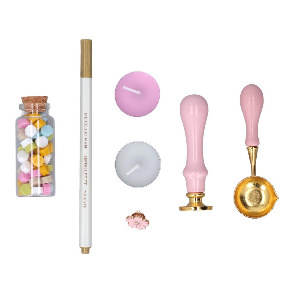 Sealing Stamp Kit Clear Pattern Macaron Color Wooden Handle Retro Wax Sealing Stamp with Sakura Brooch for Gifts