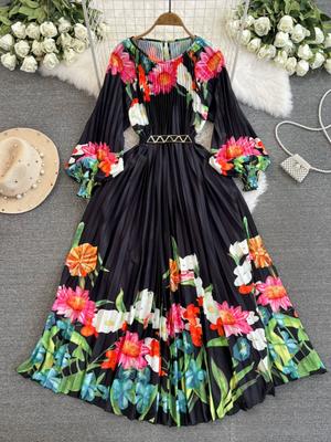 Γυναικείες στάμπες Loose Big Swing Holiday Beach Dresses Oversized Μακρύ μάξι πλισέ φόρεμα με ζώνη