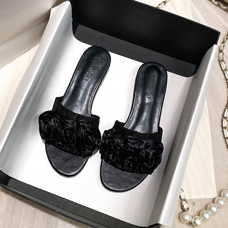 Fashion Sweet Rose Flower Summer Slides Shoes Woman Silk Floral Slippers Women Lace Band Pantuflas Outdoor Sandalias Mujer Low Heel
