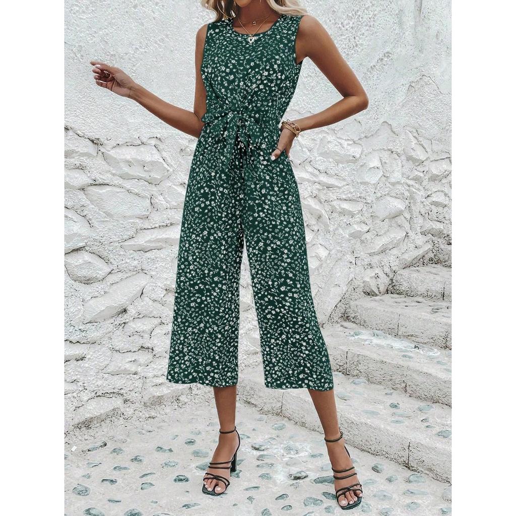 2026 New Fashion Women's Floral Print Sleeveless O-neck Jumpsuit Casual Vacation Beach Ankle-length Pant Jumpsuits with Belt
