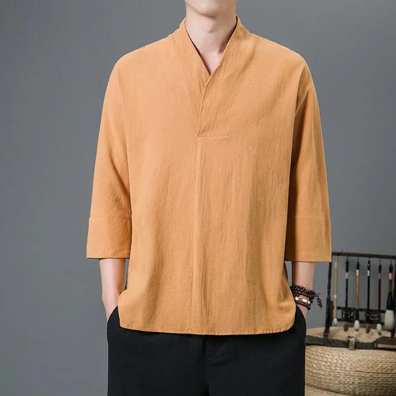 Spring Summer 2025 New Chinese Style T-Shirts Fashion Men Three-Quarter Sleeve V-Neck Tops Tees Men Casual Solid-Color Hanfu