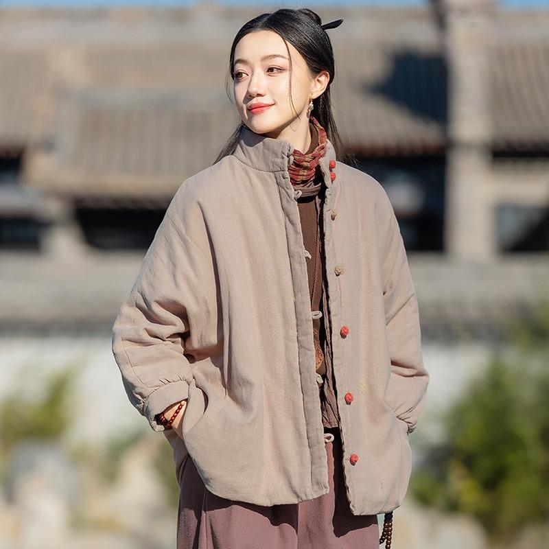 25 Winter cotton and linen women's clothing new temperament versatile literary ramie cotton clothes buckle short cotton clothes