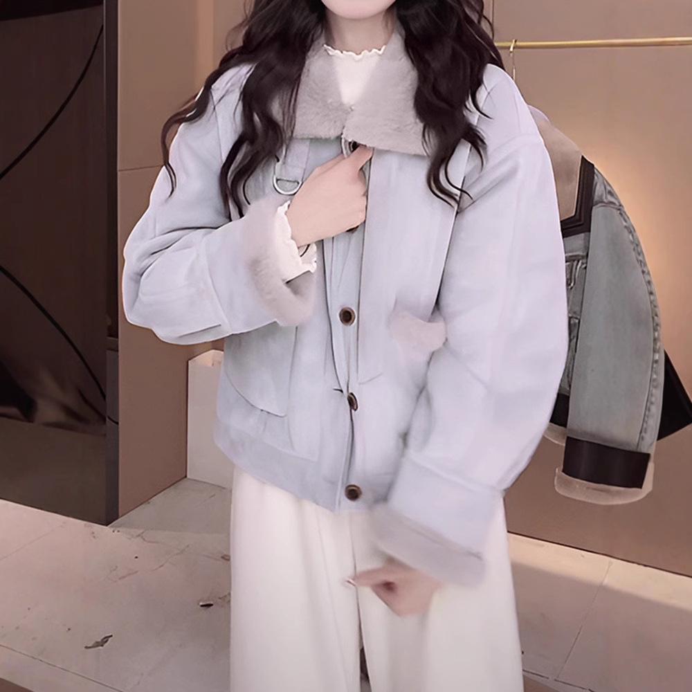 

Women s 2024 Autumn/Winter Fleece-Lined Korean-Style Short Jacket with Turn-Down Collar - Warm, Loose-Fit Petite Design Medium фіолетовий