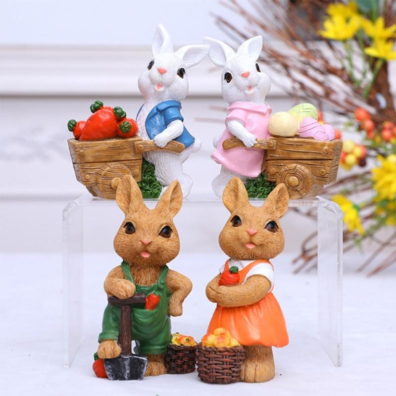 2Pcs Easters Bunnies Sculptures Resins Animal Ornaments Rabbit with Cart Figurines for Balconies Patios or Home Decors