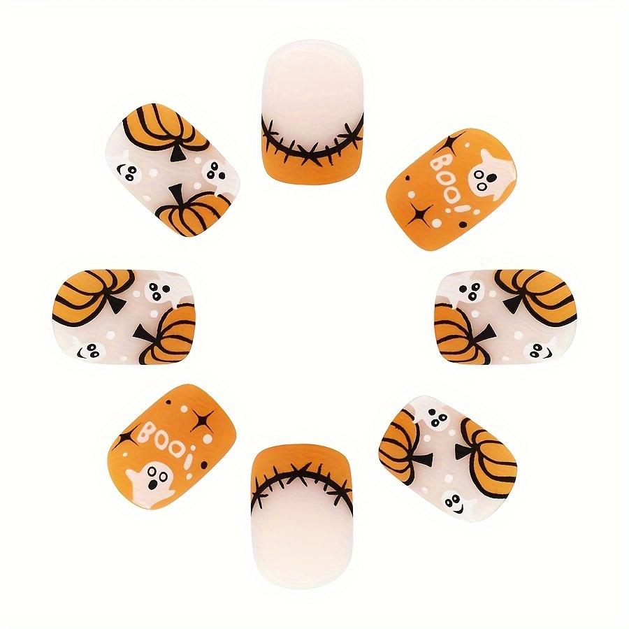 48pcs 2sets Halloween Themed Nail Tips - Orange Glossy Square Short Press-On Nails with Cute Pumpkin and Boo Pattern