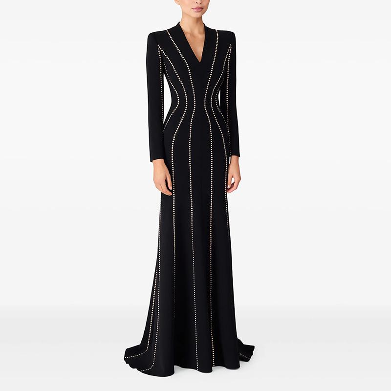 Elegant Rhinestone Long Sleeve Evening Gown