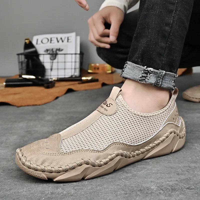 Sommer Atmungsaktiv Handgefertigt Designer Slipper Lässige Herrenschuhe Dicke Sohle Ausgehöhlte Sneakers Leichtgewichtige Outdoor Flats Mokassins