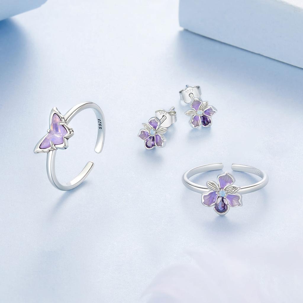 Silver Adjustable Ring with Crystal Butterfly, Silver 925