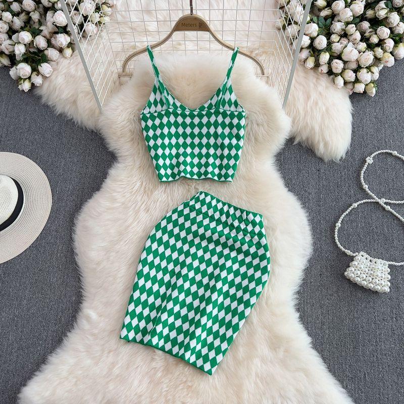 Fashion Suit Women's Pure Desire Sexy Chessboard Plaid Silm Crop-Top Spaghetti-Strap Vest Two-Piece Set High Waist Sheath Skirt