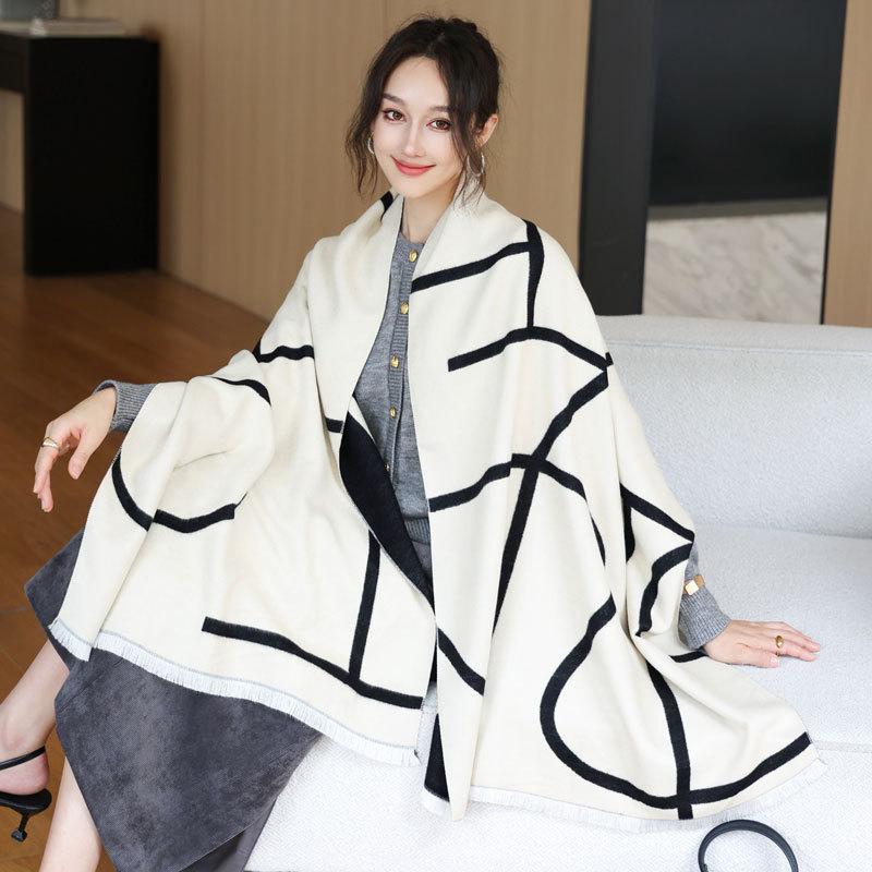 New blended wool scarf women's autumn and winter double-sided letter jacquard shawl high-end versatile thickened scarf shawl